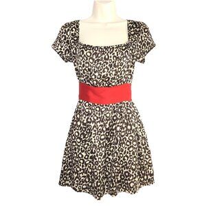 Happie Loves It Y2K Leopard Print Dress S Babydoll Red Bow Empire Waist Square